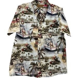 NWT Clear Water Outfitters Santa Fishing Holiday Button Down Hawaiian Shirt M